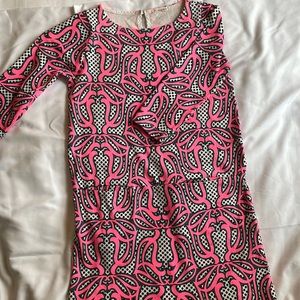 Crewcuts girls dress with front pockets! Neon Pink with black polka dots.